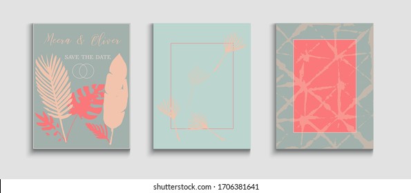 Abstract Trendy Vector Cards Set. Cool Olive Leaves Magazine Design. Hand Drawn Retro Background. Japanese Style Invitation. Tie-Dye, Tropical Leaves Covers. Geometric Border Texture.