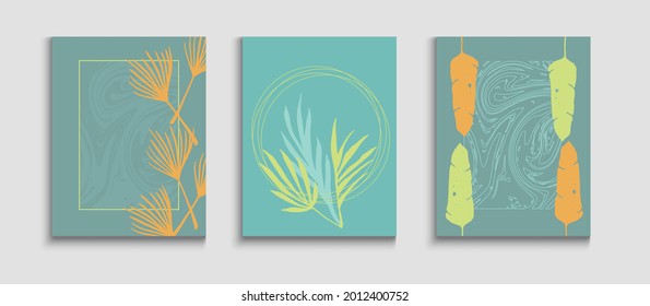 Abstract Trendy Vector Cards Set. Cool Monstera Leaves Magazine Template. Hand Drawn Retro Background. Tie-Dye, Tropical Leaves Flyers. Oriental Style Invitation. Geometric Border Texture.