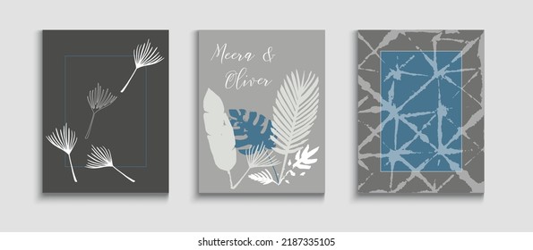 Abstract Trendy Vector Cards Set. Geometric Frame Texture. Cool Banana Leaves Invitation Template. Oriental Style Invitation. Hand Drawn Asian Background. Tie-Dye, Tropical Leaves Flyers.