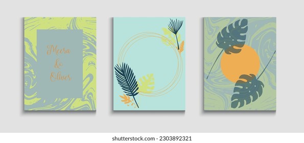 Resumen de las tarjetas vectoriales de moda Set. Textura de borde geométrico. Tejido, Volantes De Hojas Tropicales. Fondo de Vintage dibujado a mano. Invitación al estilo oriental. Monstera Sencilla Deja El Diseño De Revista.