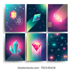 Abstract trendy vector cosmic posters with crystal gems and pyramid geometric shapes. Neon galaxy backgrounds in 80s style. Poster with geometric polygon pyramid or crystal illustration Abstract trendy vector cosmic posters with crystal gems and pyramid geometric shapes. Neon galaxy backgrounds in 80s style. Poster with geometric polygon pyramid or crystal illustration