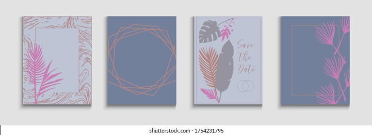 Abstract Trendy Vector Covers Set. Simple Banana Leaves Magazine Design. Hand Drawn Elegant Background. Geometric Frame Pattern. Tie-Dye, Tropical Leaves Banners. Oriental Style Invitation.
