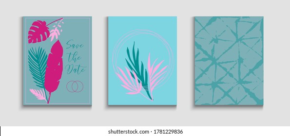 Abstract Trendy Vector Covers Set. Minimal Monstera Leaves Invitation Design. Geometric Frame Pattern. Oriental Style Invitation. Tie-Dye, Tropical Leaves Posters. Hand Drawn Retro Background.