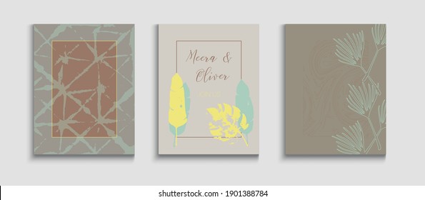 Abstract Trendy Vector Covers Set. Japanese Style Invitation. Geometric Border Pattern. Soft Monstera Leaves Magazine Template. Tie-Dye, Tropical Leaves Cards. Hand Drawn Elegant Background.