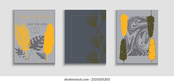 Abstract Trendy Vector Covers Set. Hand Drawn Elegant Background. Oriental Style Invitation. Tie-Dye, Tropical Leaves Flyers. Geometric Border Texture. Cool Monstera Leaves Magazine Design.