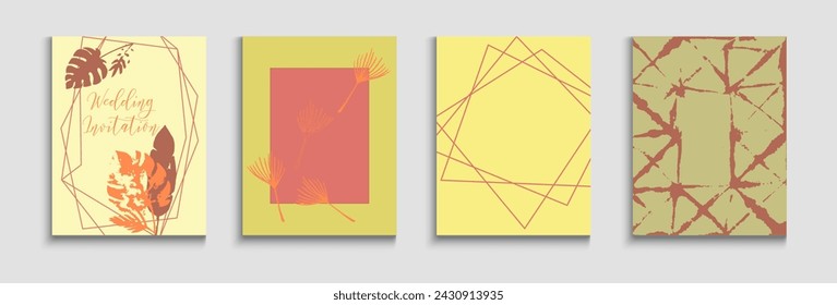Abstract Trendy Vector Covers Set. Minimal Banana Leaves Magazine Design. Tie-Dye, Tropical Leaves Cards. Geometric Frame Pattern. Hand Drawn Hipster Background. Oriental Style Invitation.