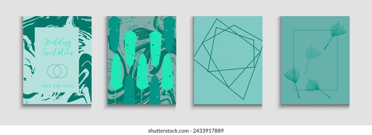 Abstract Trendy Vector Covers Set. Tie-Dye, Tropical Leaves Flyers. Minimal Banana Leaves Invitation Design. Hand Drawn Asian Background. Oriental Style Invitation. Geometric Border Texture.