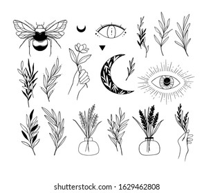 Abstract trendy vector drawings in linear style. Line design elements of hand, flowers, bee, eye, moon. Perfect logo for your brand: packaging, cosmetic, jewelry, shops