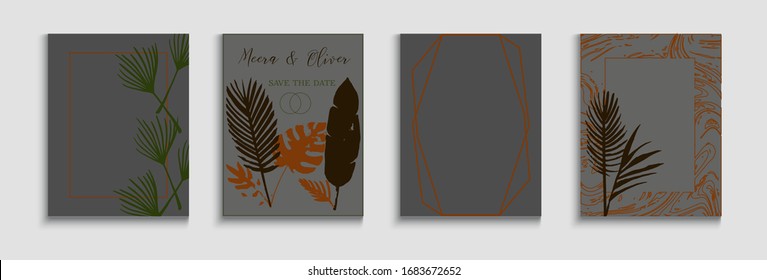 Abstract Trendy Vector Flyers Set. Minimal Monstera Leaves Magazine Layout. Geometric Border Texture. Oriental Style Invitation. Hand Drawn Elegant Background. Tie-Dye, Tropical Leaves Covers.