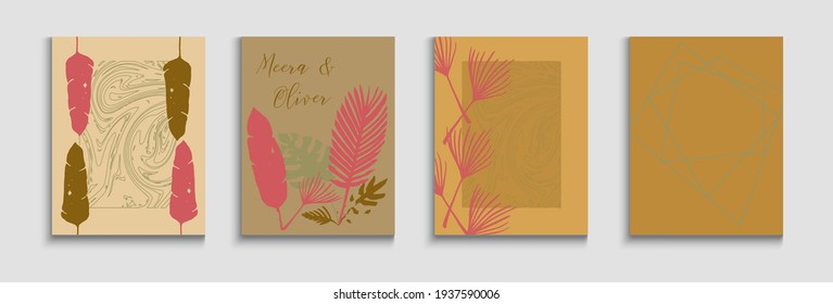 Abstraktes Trendy Vector Flyers Set. Noble Banana verlässt Magazine Design. Handgezeichneter Hipster-Hintergrund. Textur des geometrischen Rahmens. Tie-Dye, tropische Blätter Poster. Einladung im orientalischen Stil.