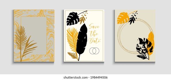 Resumen de la serie de volantes de vectores de moda. Invitación al estilo japonés. Carteles de tinte, hojas tropicales. La Mano Dibujó Antecedentes Asiáticos. Textura de borde geométrico. Mínimo Monstera Sale Del Diseño De Revista.