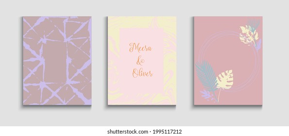 Abstract Trendy Vector Flyers Set. Hand Drawn Hipster Background. Geometric Border Pattern. Tie-Dye, Tropical Leaves Cards. Japanese Style Invitation. Noble Olive Leaves Invitation Design.