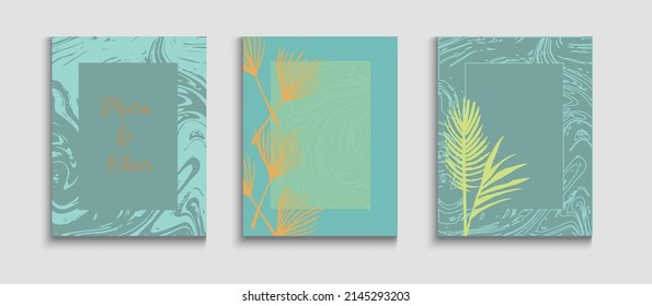 Abstract Trendy Vector Flyers Set. Geometric Frame Pattern. Tie-Dye, Tropical Leaves Banners. Cool Banana Leaves Invitation Design. Oriental Style Invitation. Hand Drawn Vintage Background.