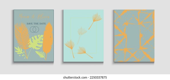 Abstract Trendy Vector Flyers Set. Tie-Dye, Tropical Leaves Covers. Hand Drawn Elegant Background. Geometric Border Texture. Soft Olive Leaves Magazine Layout. Japanese Style Invitation.