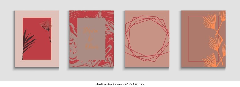 Conjunto de volantes vectoriales de moda abstracta. Diseño de invitación de hojas de plátano nobles. Afiche Tie-Dye, Tropical Leaves. Invitación de estilo oriental. Patrón de borde geométrico. Fondo elegante dibujado a mano.