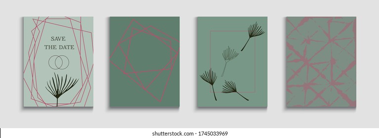 Abstract Trendy Vector Posters Set. Geometric Border Pattern. Hand Drawn Vintage Background. Soft Olive Leaves Magazine Template. Japanese Style Invitation. Tie-Dye, Tropical Leaves Covers.