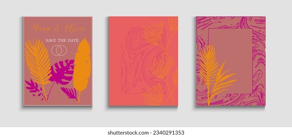 Abstract Trendy Vector Posters Set. Soft Monstera Leaves Invitation Layout. Tie-Dye, Tropical Leaves Covers. Oriental Style Invitation. Hand Drawn Hipster Background. Geometric Frame Pattern.
