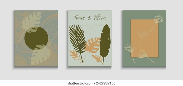 Abstract Trendy Vector Posters Set. Tie-Dye, Tropical Leaves Flyers. Japanese Style Invitation. Hand Drawn Hipster Background. Geometric Frame Texture. Noble Olive Leaves Magazine Layout.