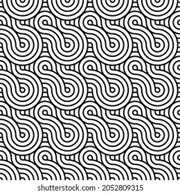 Resumen de las olas de moda con contorno entrelazado en blanco y negro. Decoración moderna y sin inconvenientes para tejidos elegantes, almohadas decorativas, papel de envoltura. Vector.