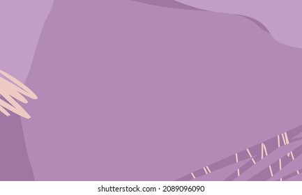 Abstract trendy wavy background of doodle shapes, lines on purple background with blank space in center for text. Minimalist pastel background.
