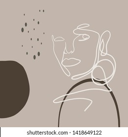 abstract trendy woman, one line continuous trendy art, pastel aesthetic design, fashion beauty logo, female portrait, linear hand drawn vector illustration 