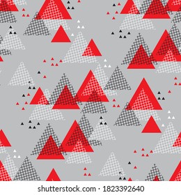 Abstract triangle arrow geometry seamless pattern for background, sport fabric, textile, wrap, surface, fitness web and print design. Red and gray dynamic surface design rapport. 
