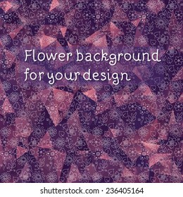 Abstract triangle background with flower hand drawn pattern. Colorful banner for your design. White flowers and leaves.