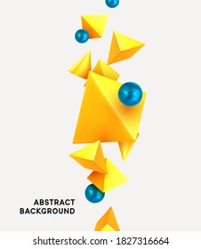 Abstract Triangle background. Modern minimal design with yellow pyramid realistic 3d render objects. Art trend poster. Pearl blue color soft orb ball. Vector illustration