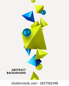 Abstract Triangle background. Modern minimal design with green pyramid realistic 3d render objects. Art trend poster. Pearl blue color soft orb ball. Vector illustration