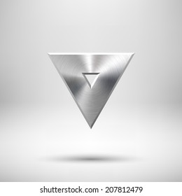 Abstract triangle badge, blank button template with metal texture (chrome, silver, steel), realistic shadow and light background for web user interfaces, UI, applications and apps. Vector illustration