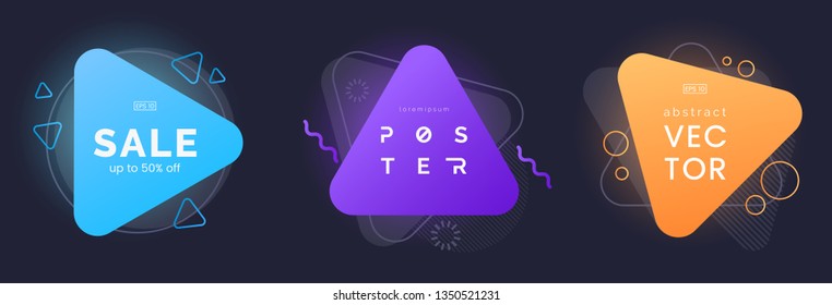 Abstract triangle banners with bright effect isolated on dark background. Neon badges collection. Abstract geometric shapes. Dynamic composition. Use for advertising, party invite, etc. Vector eps 10.