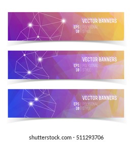 Abstract triangle banners set with constellation of bright lights on night sky multicolored polygonal mosaic backgrounds vector illustration   