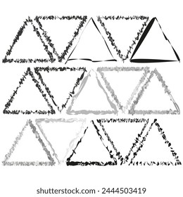 Abstract triangle brush strokes set. Artistic geometric shapes collection. Hand-drawn triangle borders. Creative design elements. Vector illustration. EPS 10.