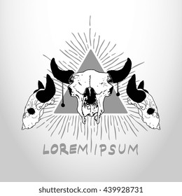 Abstract triangle with bull skull and rays. Vector pyramid symbol / logo / label / tattoo