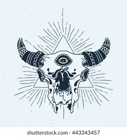 Abstract triangle with bull skull and rays. Vector pyramid symbol / logo / label / tattoo