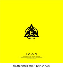 abstract triangle with circle E logo letter design concept, yellow background