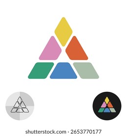 Abstract triangle colorful particles logo. Rainbow colors construction or kid toys theme symbol. Rounded rhombus and triangle geometric shapes in one sign