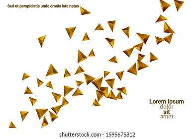 Abstract triangle confetti composition. 3D vector illustration. Futuristic geometric background. Golden three-dimensional geometric triangle in space.