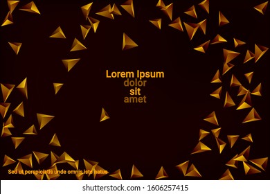 Abstract triangle confetti composition. 3D vector illustration. Futuristic geometric background. Golden three-dimensional geometric triangle in space.