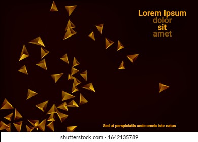 Abstract triangle confetti composition. 3D vector illustration. Futuristic geometric background. Golden three-dimensional geometric triangle in space.