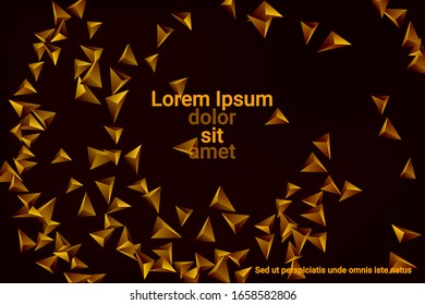 Abstract triangle confetti composition. 3D vector illustration. Futuristic geometric background. Golden three-dimensional geometric triangle in space.