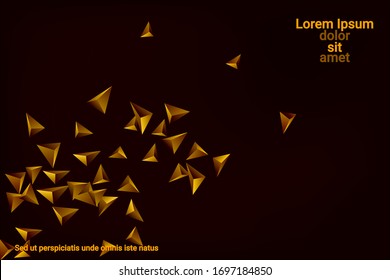 Abstract triangle confetti composition. 3D vector illustration. Futuristic geometric background. Golden three-dimensional geometric triangle in space.