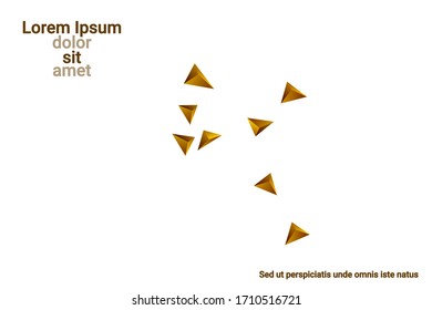 Composición abstracta triangular confetti. Ilustración vectorial 3D. Fondo geométrico futurista. Triángulo geométrico tridimensional dorado en el espacio.