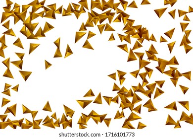 Abstract triangle confetti composition. 3D vector illustration. Futuristic geometric background. Golden three-dimensional geometric triangle in space.