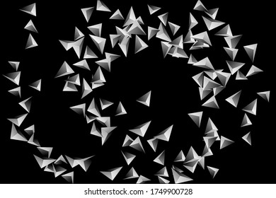 Abstract triangle confetti composition. 3D vector illustration. Futuristic geometric background. Silver three-dimensional geometric triangle in space.