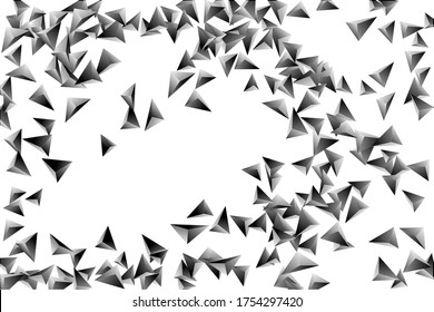 Abstract triangle confetti composition. 3D vector illustration. Futuristic geometric background. Silver three-dimensional geometric triangle in space.