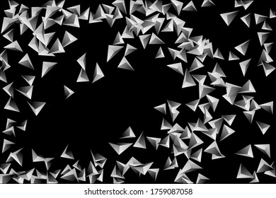 Abstract triangle confetti composition. 3D vector illustration. Futuristic geometric background. Silver three-dimensional geometric triangle in space.