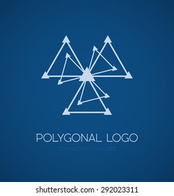 Abstract triangle connection concept logo on blue background. Vector illustration