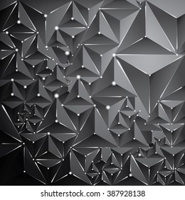 Abstract triangle dark background with neon dots and lines. Connection structure. Vector illustration. Polygonal vector background. 