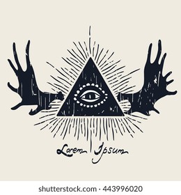 Abstract triangle with deer horns and rays. Vector pyramid symbol / logo / label / tattoo isolated on grunge background